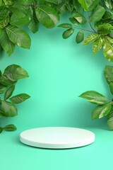 Wall Mural - A minimalist display pedestal surrounded by lush green leaves on a vibrant mint background, perfect for product photography.