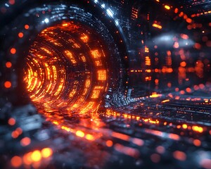 Poster - glowing quantum tunnel leading to vibrant interdimensional calculations within a surreal quantum com