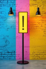 Poster - brightly lit sign in front of colorful textured walls, showcasing an alert symbol. ideal for attenti