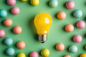 Poster - A vibrant yellow light bulb surrounded by colorful round balls on a pastel green background, symbolizing creativity and inspiration.