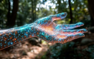 Poster - A luminous hand reaching out, adorned with a cosmic pattern of stars and galaxies, set against a serene forest background.