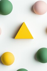 Poster - Colorful geometric shapes arranged artistically on a white background, featuring a prominent yellow triangle and pastel spheres.