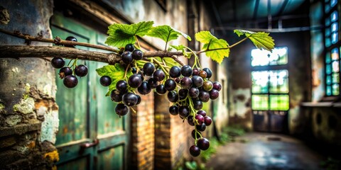 Wall Mural - Abandoned industrial ruin, blackcurrant branch silhouette, grunge textures, dark and moody urban photography.