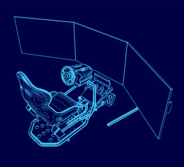 Poster - A blue drawing of a video game controller with a steering wheel. The controller is surrounded by three monitors, and the steering wheel is in the middle