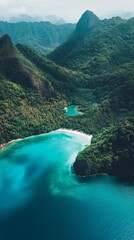 Aufkleber - Breathtaking aerial view of a secluded lagoon with turquoise water nestled amidst lush green mountains covered in tropical vegetation, creating a serene and idyllic landscape