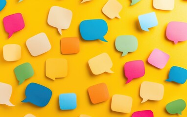 Poster - Colorful speech bubbles on a bright yellow background, perfect for communication, expression, or creativity concepts in design.
