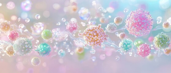 Poster - Vibrant colorful spheres floating in a dreamy background, representing creativity and imagination in a whimsical atmosphere.