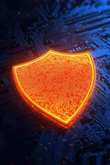 Poster - Bright orange shield symbol on a digital circuit background, representing cybersecurity and protection in technology.