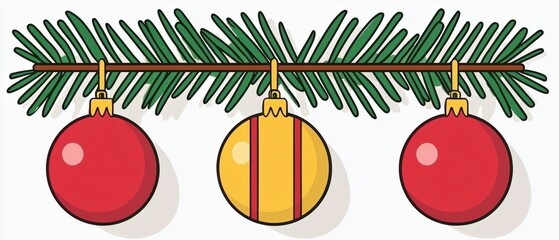 Poster - A festive of three colorful Christmas ornaments hanging on a pine branch, perfect for holiday-themed designs.