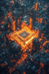 Poster - aerial view of a modern city illuminated with glowing orange lights, showcasing intricate urban desi