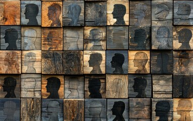Poster - A captivating collage of silhouettes set against a rustic wooden backdrop, showcasing artistic diversity and creativity.