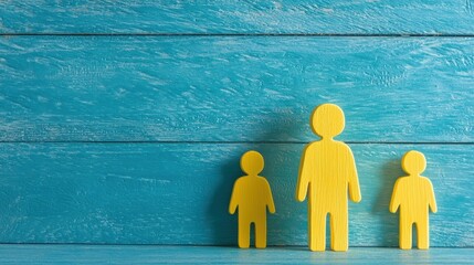 Poster - Three yellow wooden figures on a blue wooden background, symbolizing family, community, or social connection themes.