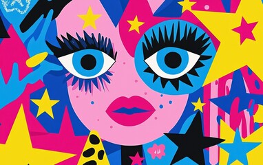 Poster - Vibrant and abstract featuring a whimsical face with large eyes, stars, and playful colors, perfect for modern art lovers.