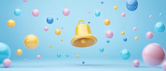 Poster - a vibrant yellow bell surrounded by colorful spheres, creating a cheerful and playful atmosphere aga