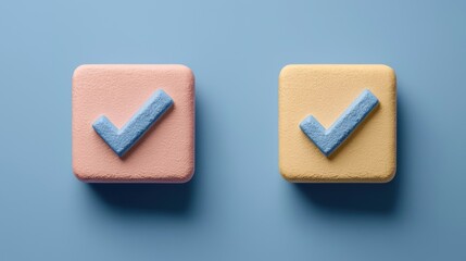 Poster - Colorful check mark icons on soft pastel backgrounds, symbolizing approval, verification, and completion in modern design.
