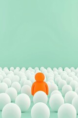 Poster - A lone orange figure stands out amidst a sea of white spheres against a soft mint background, symbolizing individuality and uniqueness.