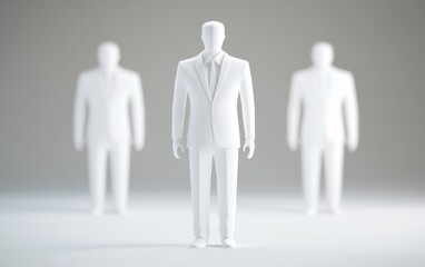Poster - Three abstract white figures in business suits representing leadership, teamwork, and corporate success in a modern setting.