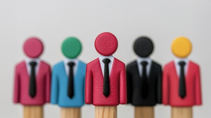 Poster - Colorful wooden figures representing diverse team members in a business setting, emphasizing collaboration and unity.