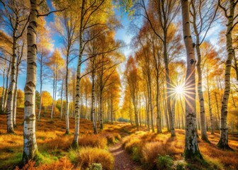  Autumnal magic in Yorkshire:  Silver birch forest panorama, breathtaking woodland scene.