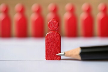 Poster - A single red figure stands out in front of a row of similar figures, symbolizing individuality and creativity.