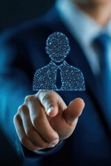 Poster - A business professional interacting with a digital user interface representing virtual communication and networking.
