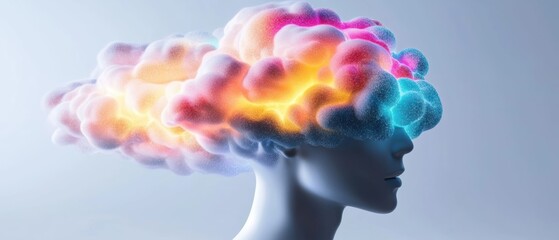 Poster - a creative representation of a human head filled with colorful clouds, symbolizing thoughts, imagina