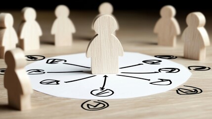 Poster - Wooden figures surround a central figure, symbolizing connection, strategy, and teamwork in a business environment.