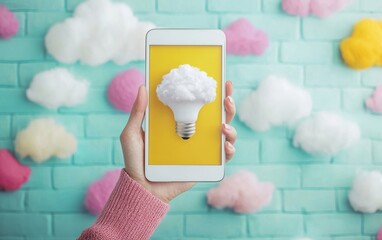 Poster - A creative smartphone display of a light bulb surrounded by colorful clouds, symbolizing innovative ideas and inspiration.