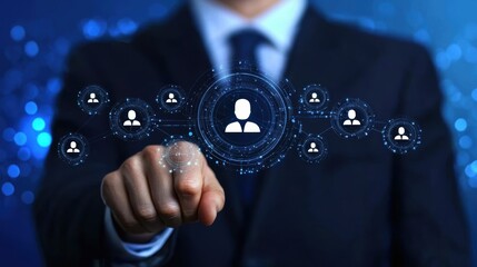 Poster - A professional touching a digital interface representing connections, networking, and modern communication in business.