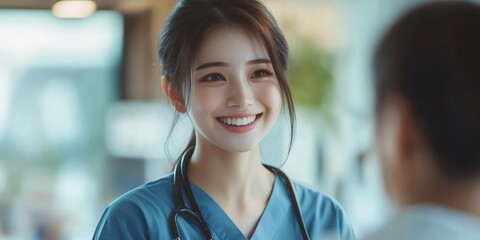 Poster - Young female doctor smiling and interacting with patient in hospital setting