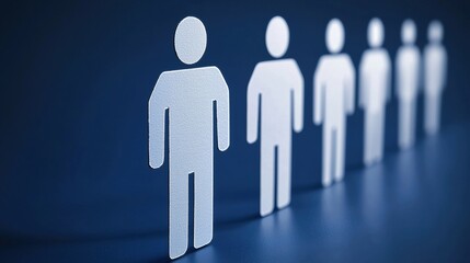 Poster - A minimalistic representation of paper figures aligned in a row, symbolizing and teamwork against a dark blue background.
