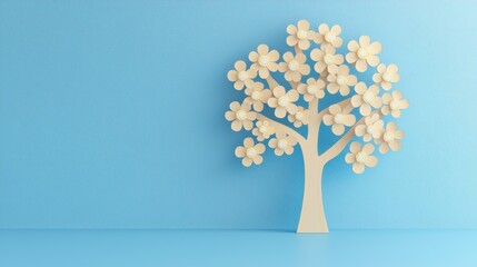 Poster - A whimsical paper tree adorned with delicate flowers, set against a serene blue background, perfect for decorative or artistic projects.
