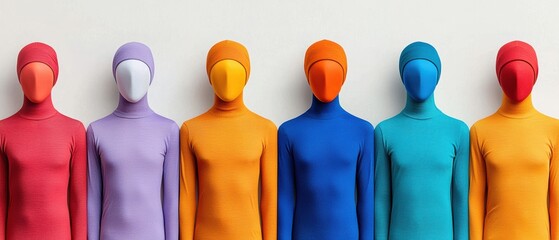 Poster - Colorful faceless figures in vibrant bodysuits create a striking visual display, showcasing diversity in and creativity.