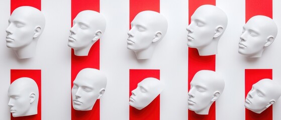 Poster - Minimalist composition of white mannequin heads against red and white stripes, showcasing modern design and artistic expression.