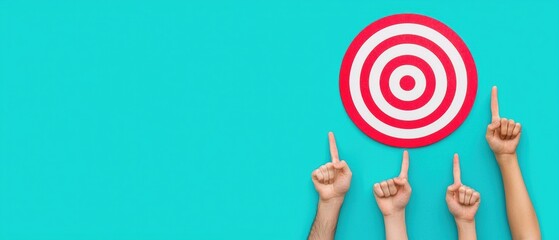 Poster - Colorful hands pointing at a target symbolizing goals, achievement, and focus against a vibrant blue background.