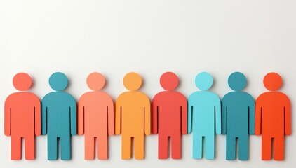 Poster - Colorful paper cutouts of people representing diversity and teamwork on a minimalist background. Ideal for social and educational themes.