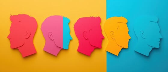 Poster - Colorful paper cutouts of human profiles on a vibrant background. Ideal for artistic, creative, or educational projects.