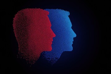 Poster - Abstract representation of two profiles in red and blue, symbolizing duality, emotion, and contrast in a minimalistic style.
