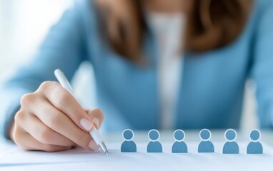 Poster - A professional hand writing notes beside user icons, symbolizing teamwork and collaboration in a modern office.