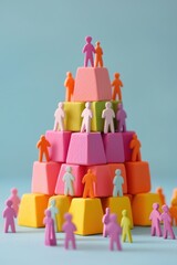 Poster - Colorful figures stacked in a pyramid formation, symbolizing teamwork, collaboration, and community building concepts.