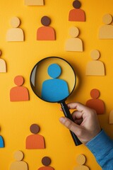 Poster - A hand holds a magnifying glass over colorful cut-out figures against a bright yellow background, symbolizing focus and selection.
