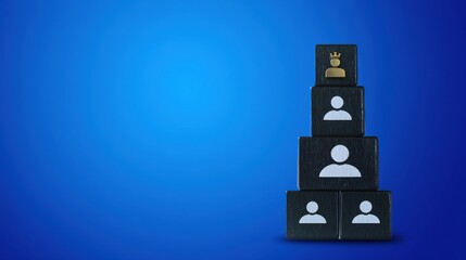 Poster - A pyramid of blocks featuring user icons, symbolizing teamwork, leadership, and social hierarchy on a vibrant blue background.