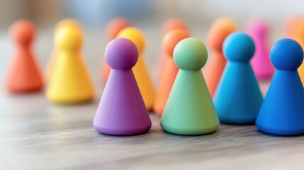 Poster - Colorful game pieces arranged, symbolizing teamwork, collaboration, and community spirit in a modern setting.