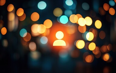 Poster - A blurred background of colorful bokeh lights with a central silhouette representing a user or person concept.