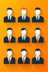Poster - Collection of diverse male avatar silhouettes with suits and ties against a vibrant orange background, ideal for business concepts.