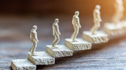 Poster - A series of miniature figures ascending steps, symbolizing growth, achievement, and progress in life or business.