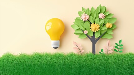 Poster - Bright yellow light bulb and colorful tree made of paper, symbolizing creativity and eco-friendly ideas on a soft background.
