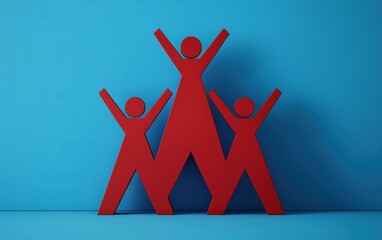 Poster - Dynamic red figures celebrating success and teamwork against a vibrant blue background, symbolizing growth and collaboration.