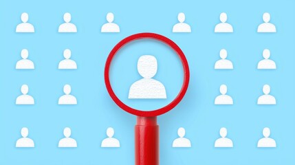 Poster - A magnifying glass highlights a lone figure against a backdrop of identical icons, symbolizing individual focus and attention.