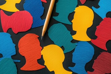 Poster - Colorful paper cutouts of diverse human silhouettes on a black background with a pencil, ideal for creativity and art concepts.